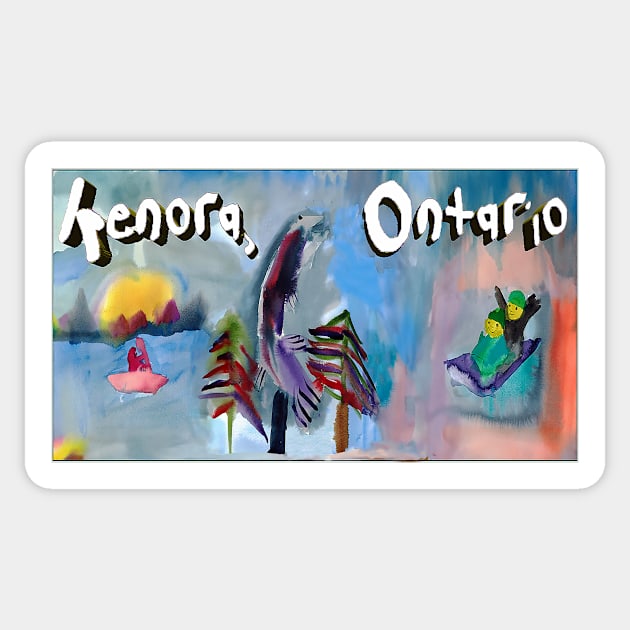 Kenora, Ontario Scenic Caps: Summer & Winter Lake of the Woods - Huskie the Muskie Design Hat Sticker by Rita Winkler